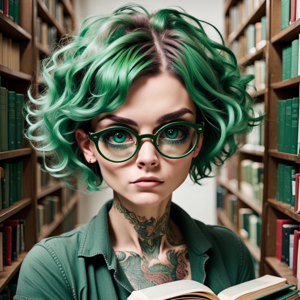 Tattooed Librarian with Green Eyes and Books
