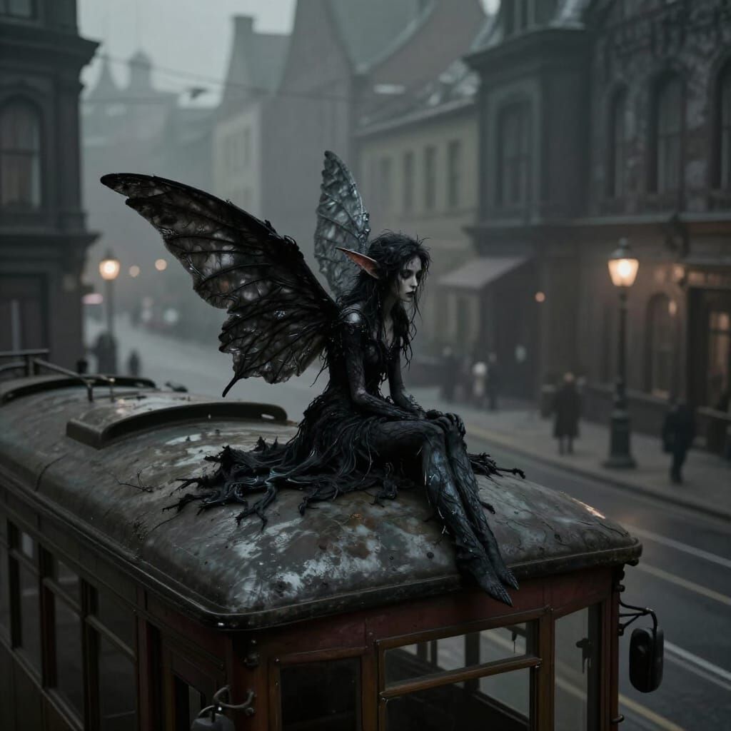 Dark Fantasy Fairy on Victorian Tram Roof