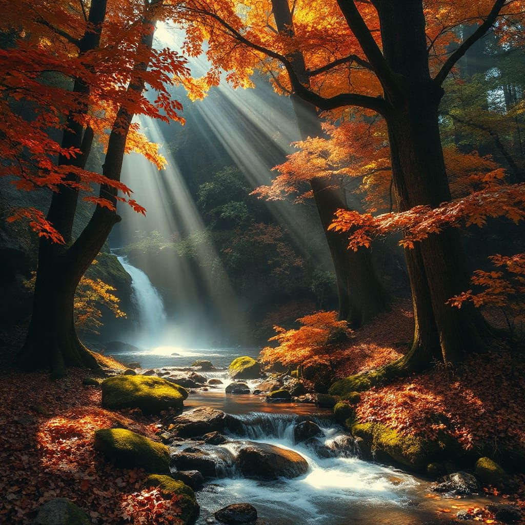 Hidden Cascade in Ancient Forest with Glowing Autumn Leaves