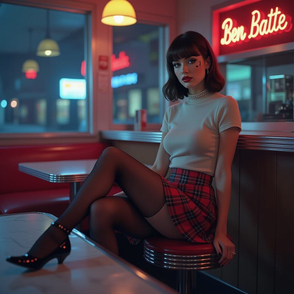 Diner Girl in Cyberpunk Style with Neon Reflections