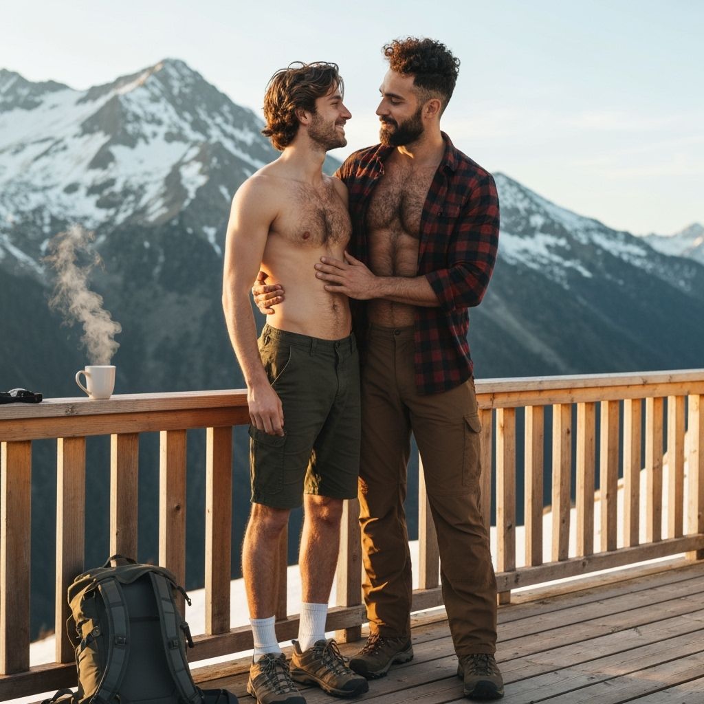 Men Enjoying Sunrise on Mountain Cabin Terrace
