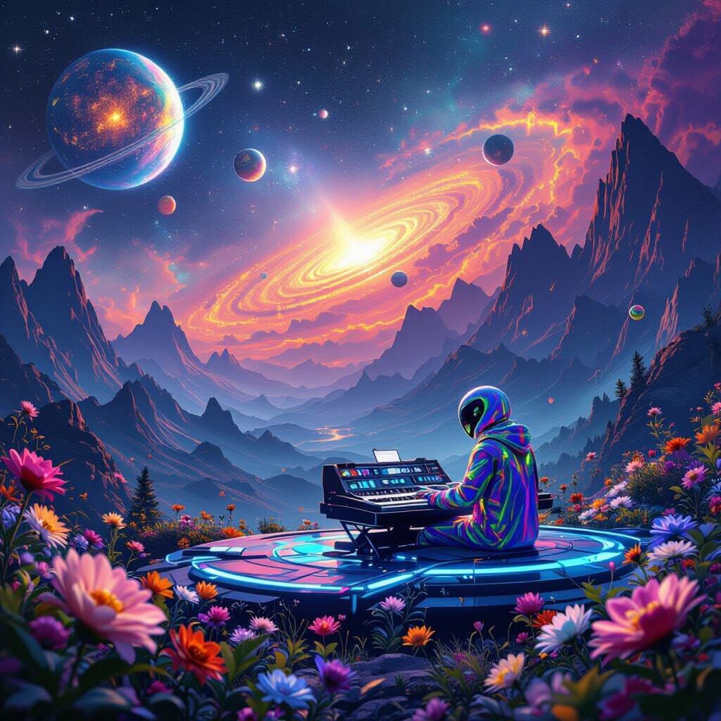 Cosmic Galaxy with Alien Synthesizer Musician