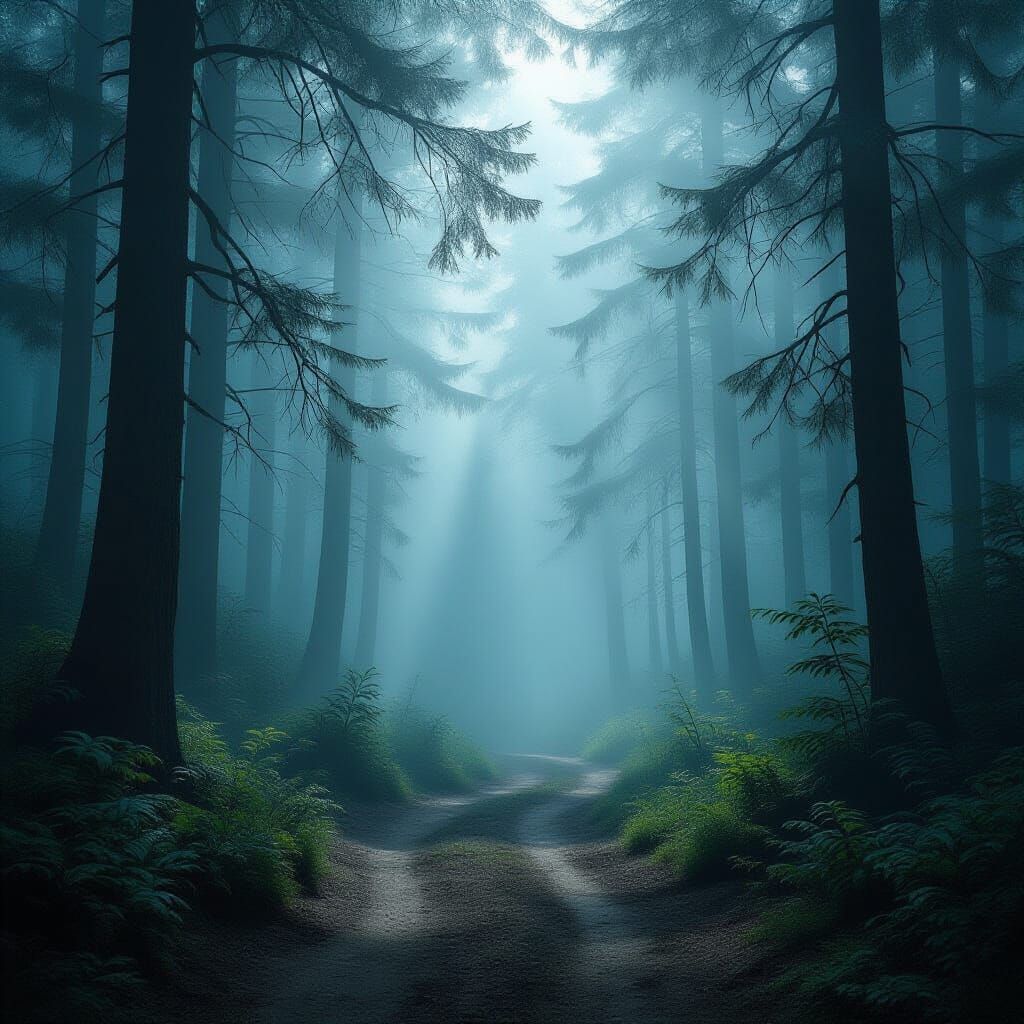 Misty Ancient Forest Path in Ethereal Fog