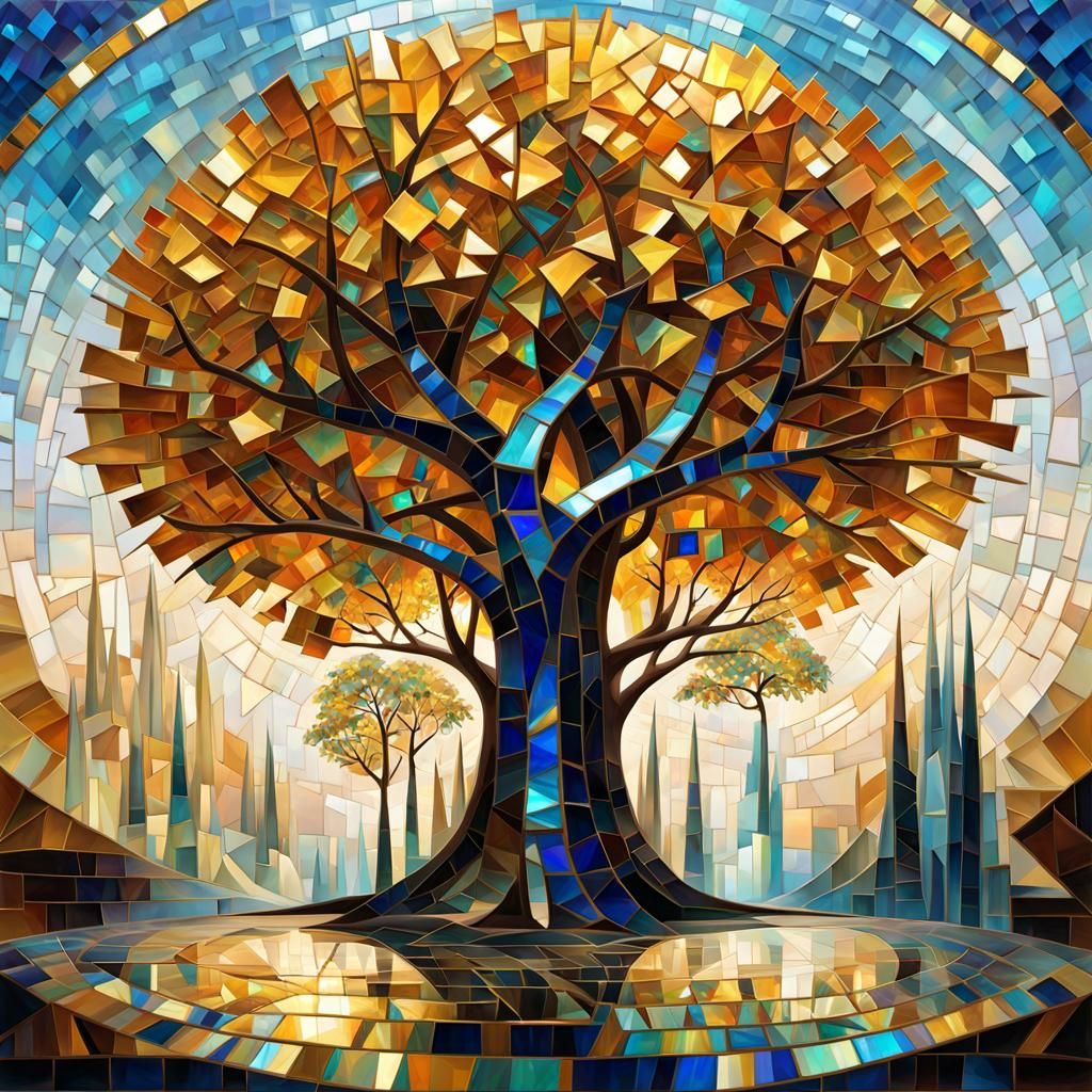 Magic Tree Mosaic: Cubist Art Deco Nightscape