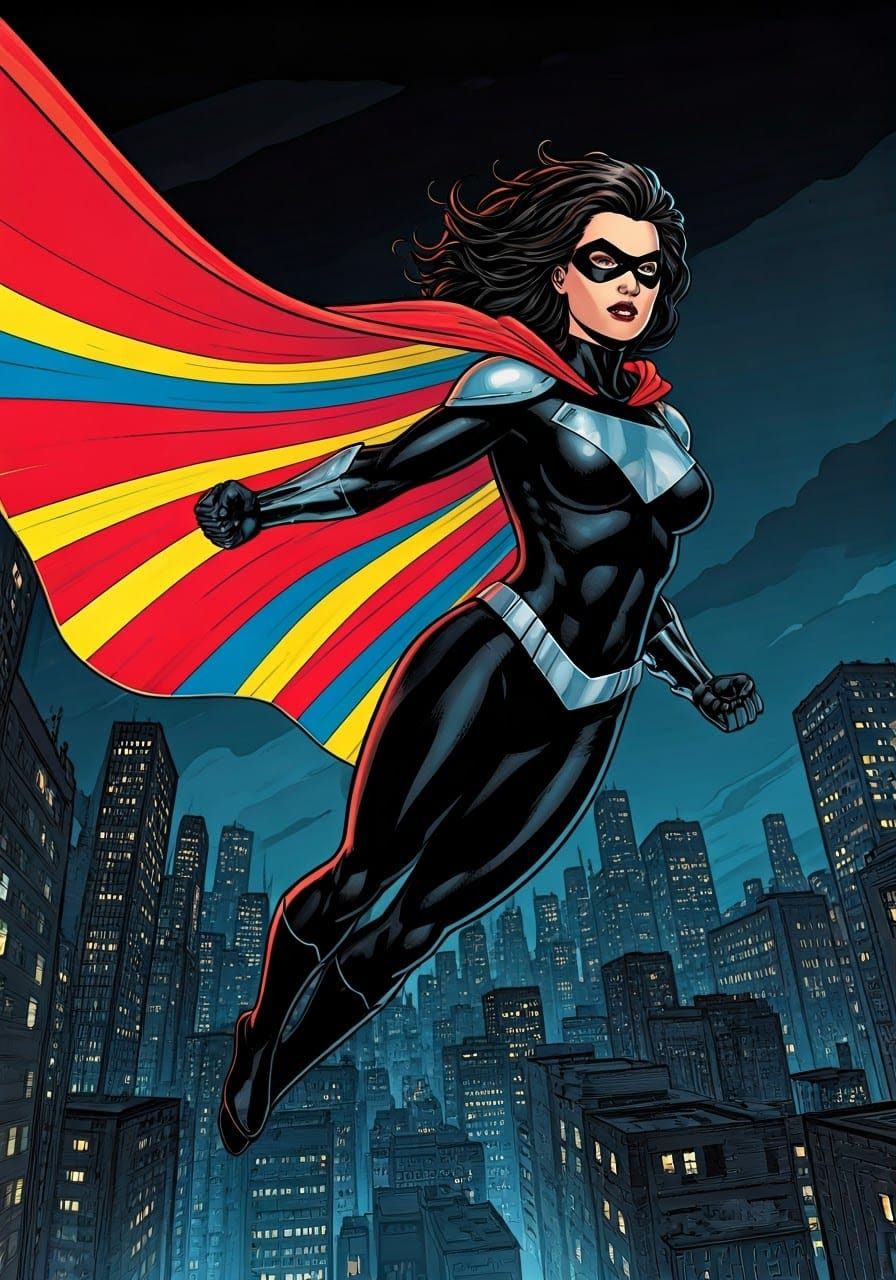 Vibrant Superhero Soars Through City Skies in Comic Book Sty...