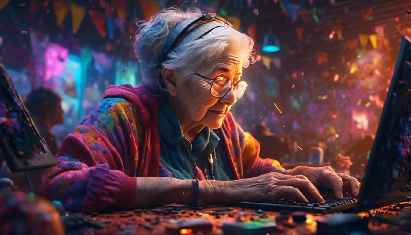 Hyperrealistic Grandma Gaming PC Splash Art