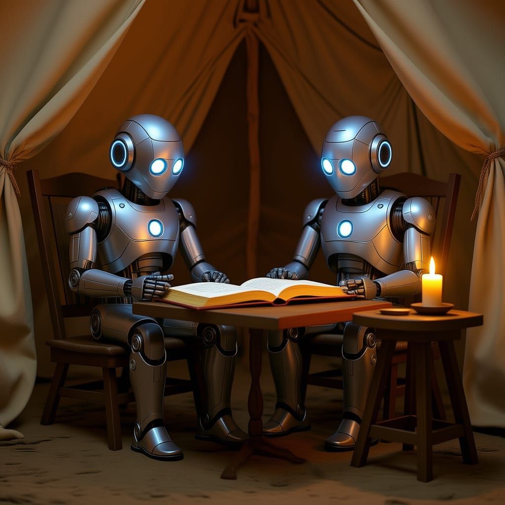 Robot Studies Torah by Candlelight in Tent