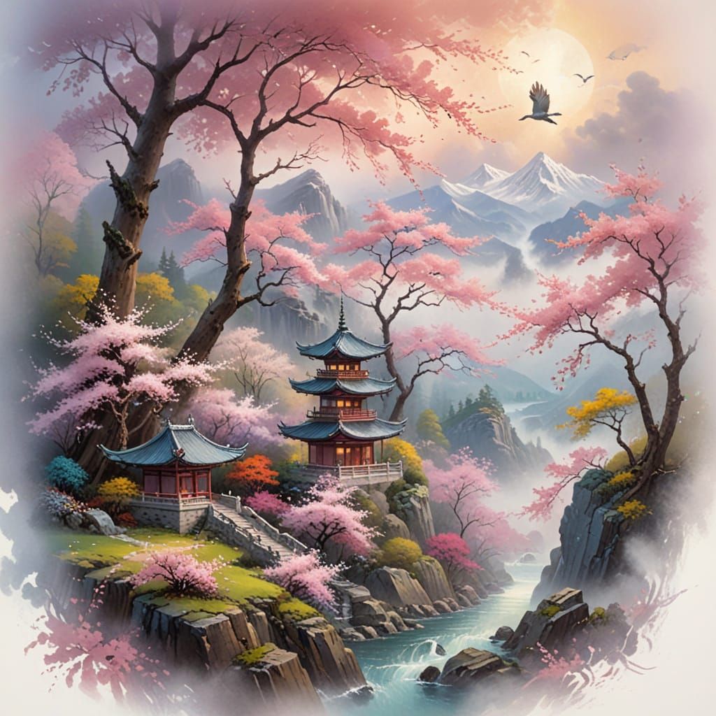 Pagoda Among Blossoms: Impressionist Gouache Painting