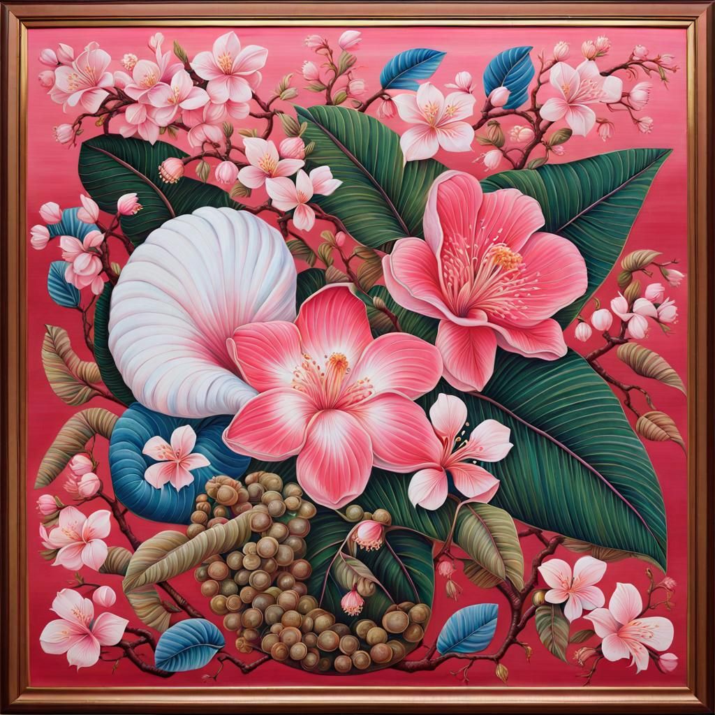 Pink Floral Bouquet with Shell, Gouache and Lacquer