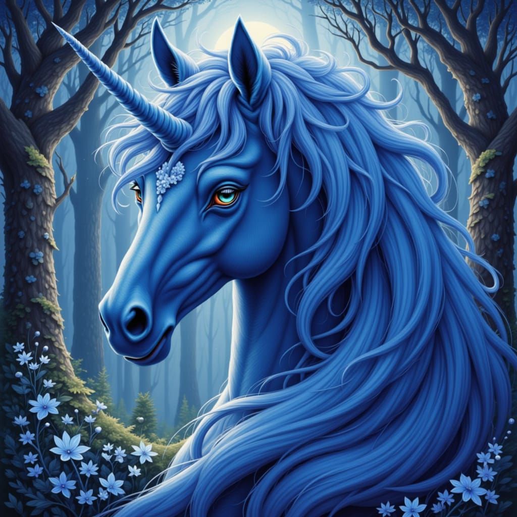 Indigo Unicorn Portrait in a Whimsical Forest