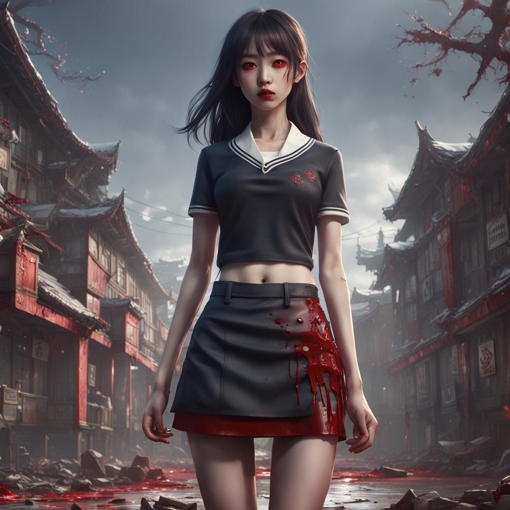Bloody Korean Schoolgirl: Detailed Matte Painting