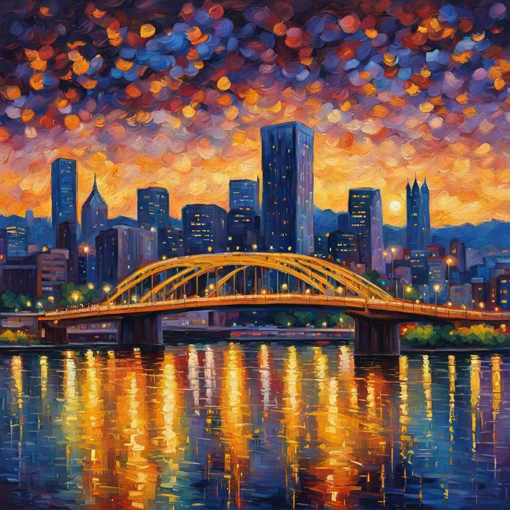 Pittsburgh Cityscape in Expressionist Oil Painting Style