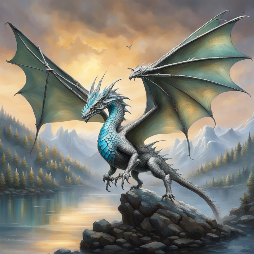 Silver Dragon on Crystalline Mountain Peak