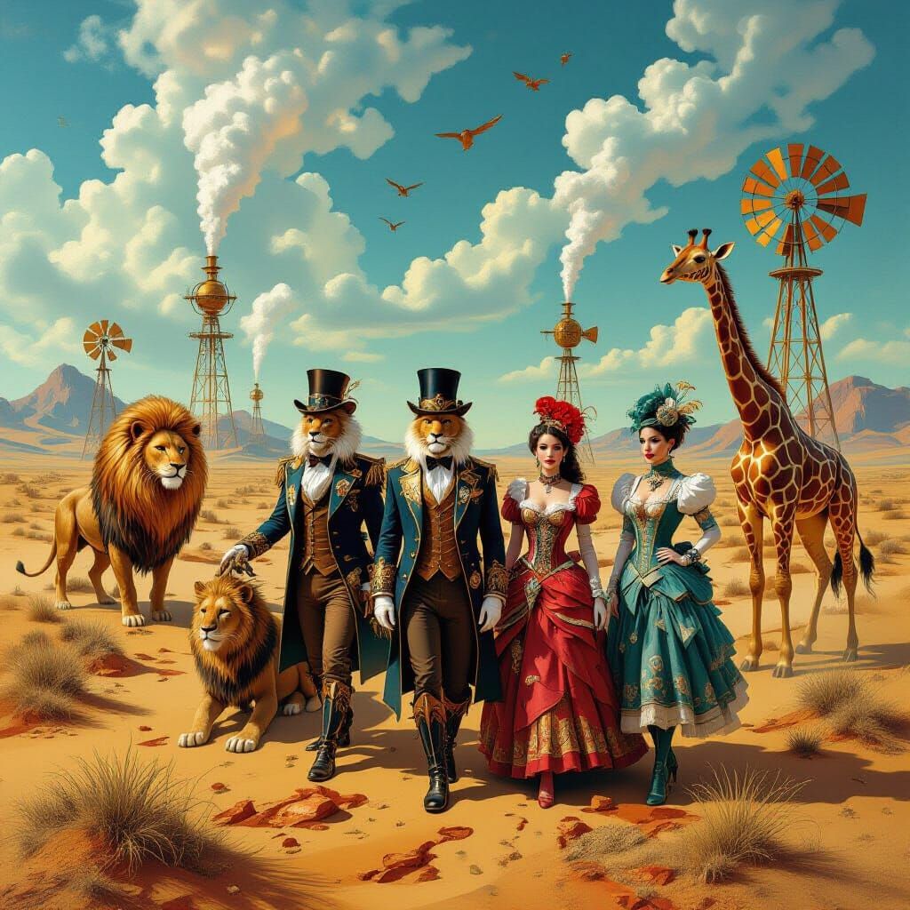 Steampunk Explorers in a Surreal Metal Savannah