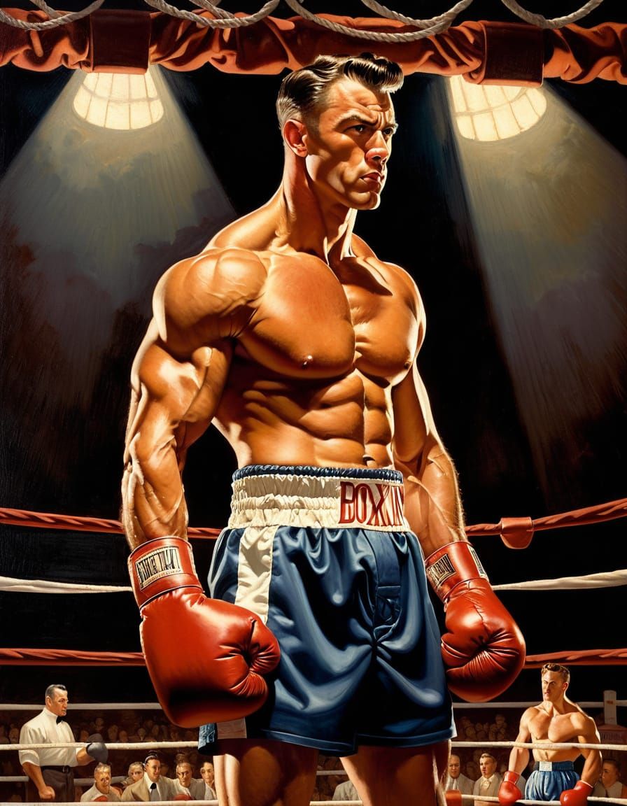 Muscular Boxer in Ring, Oil Painting in Rockwell Style