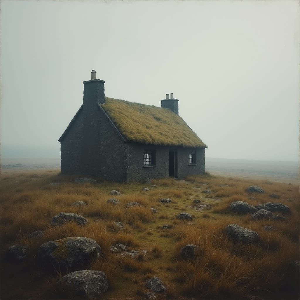 Rugged Hebridean Moorland Blackhouse in Dramatic Muted Tones