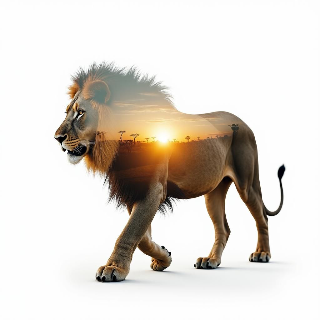 Lion in Double Exposure with African Vistas