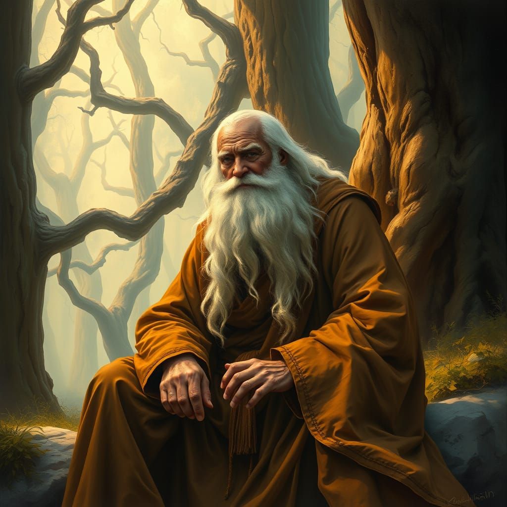 Mystical Forest Scene: Old Man in Fantasy Art Style