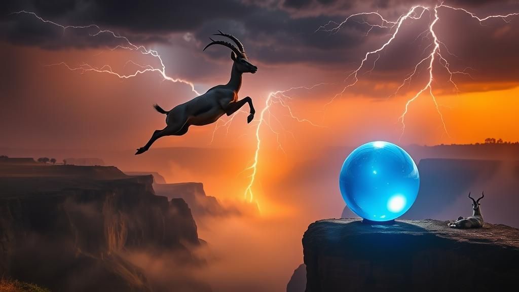 Ibex Leap During Lightning Storm on Savanna