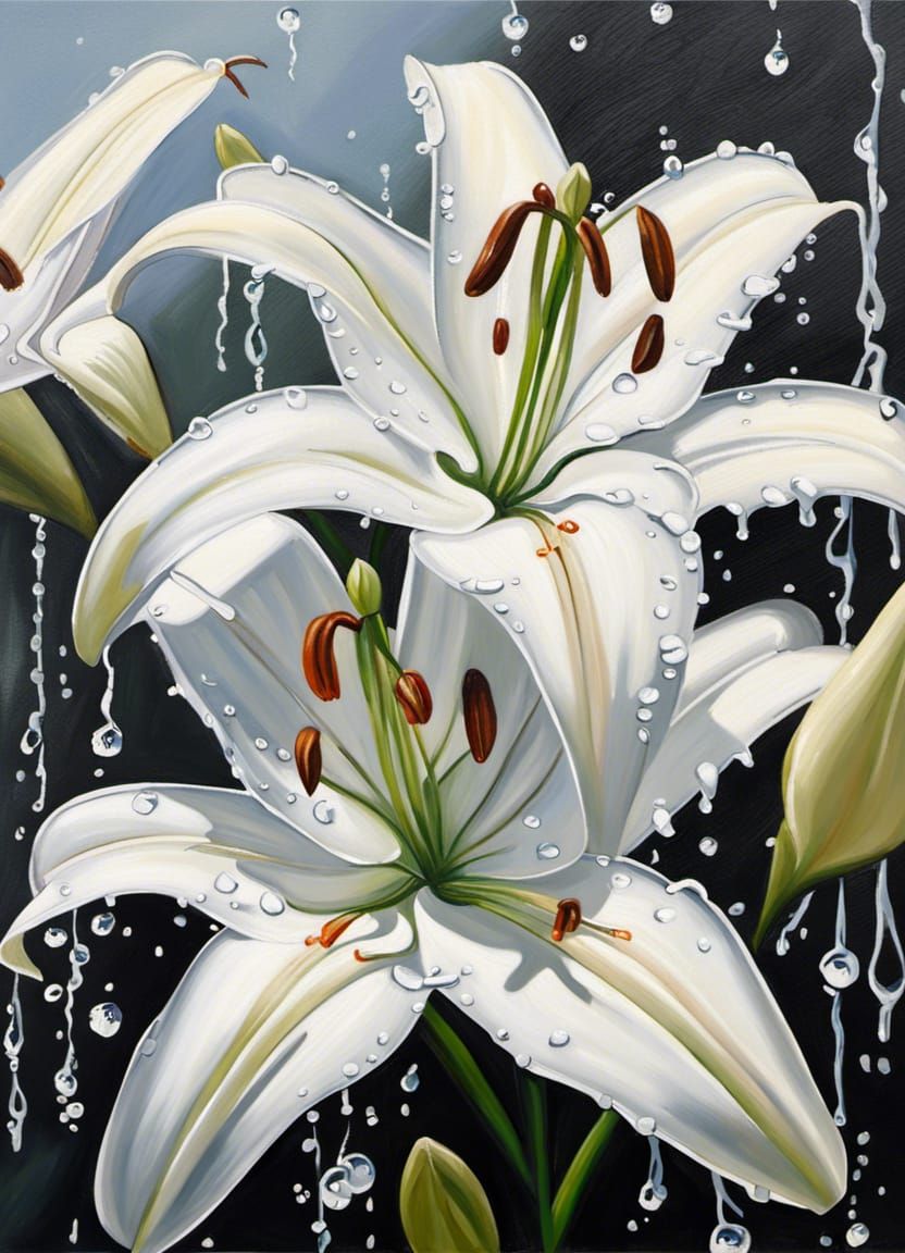 White Lilies in Snow: An Oil Painting