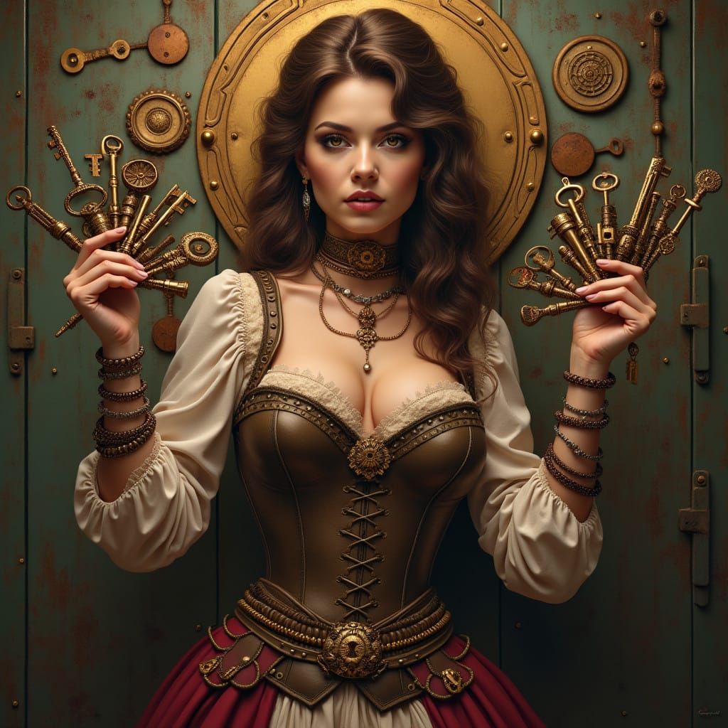 Steampunk beautiful woman belt with many keys