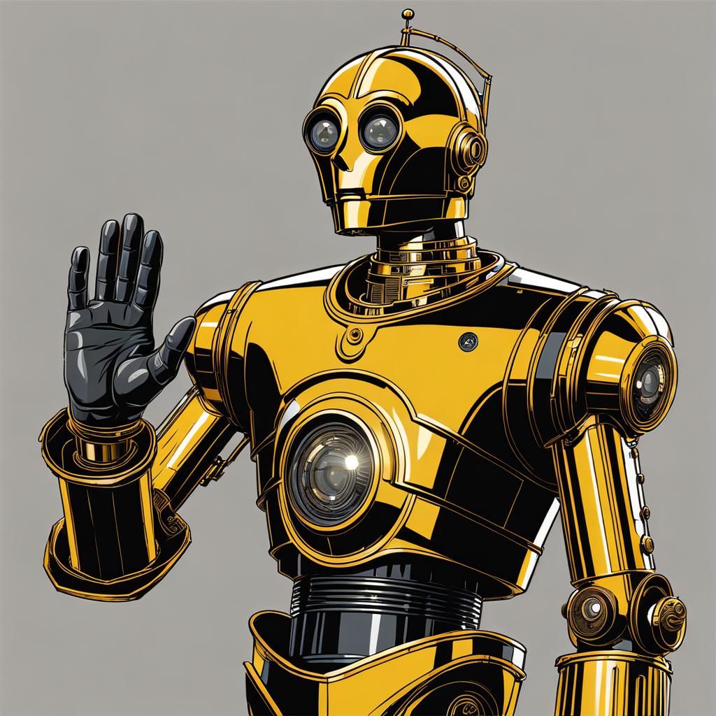 C3PO Droid Waving in Sci-Fi Art Style