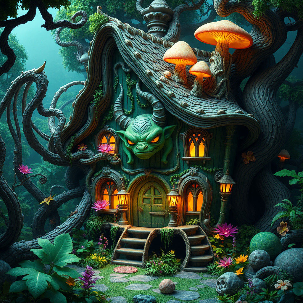 Mystical Greenhouse with Devil in Dreamlike Landscape