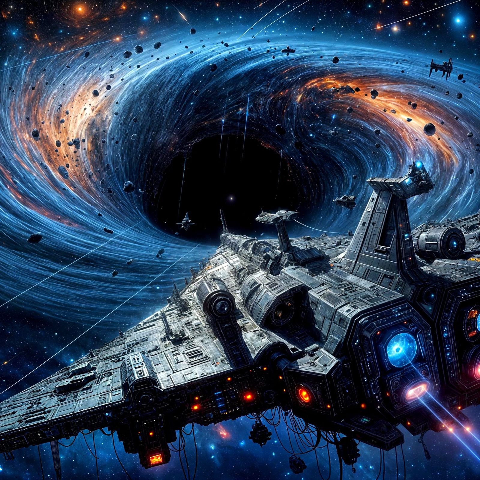 Cosmic Battleship Adrift by Black Hole in Space