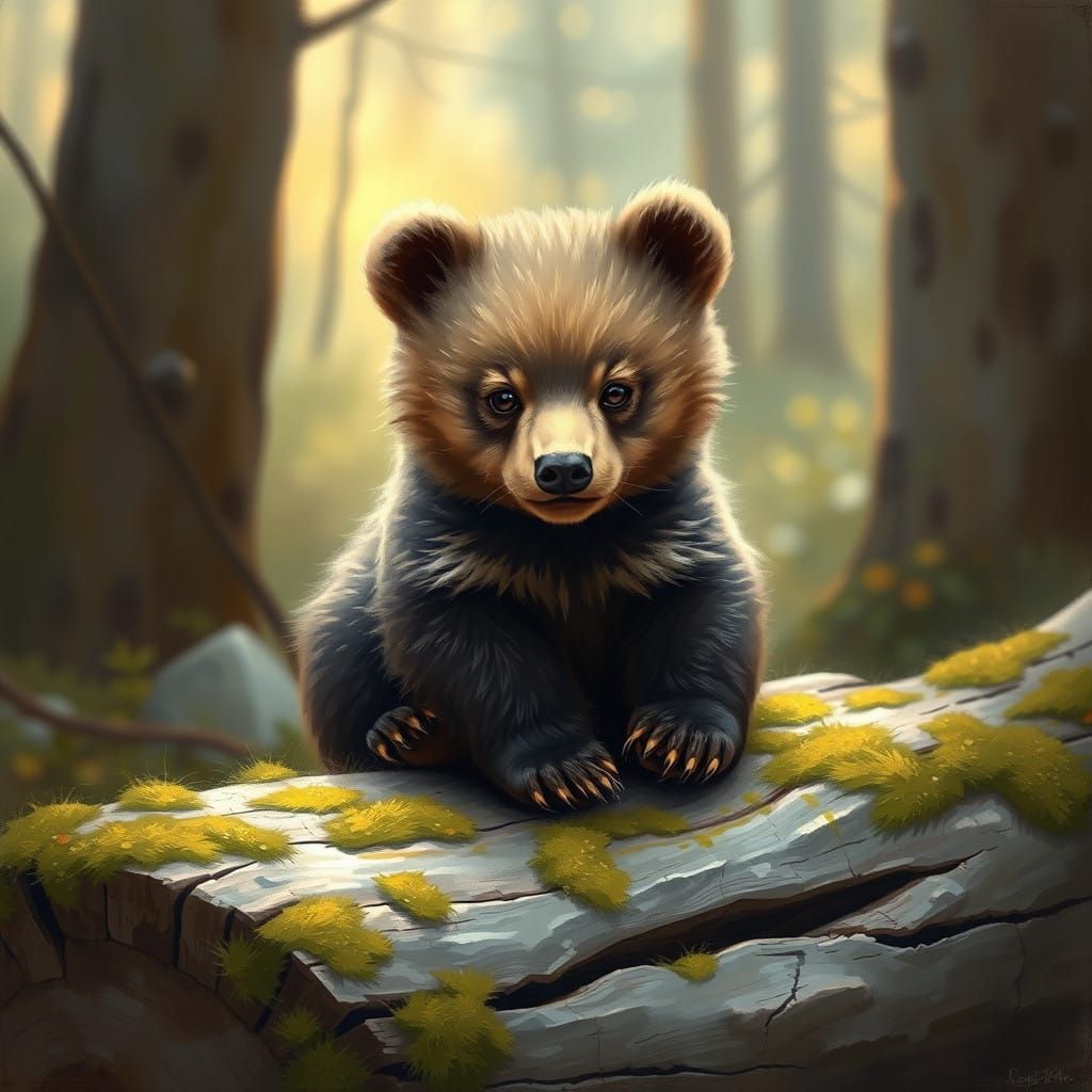 Surreal Bear Cub in Serene Forest Sanctuary