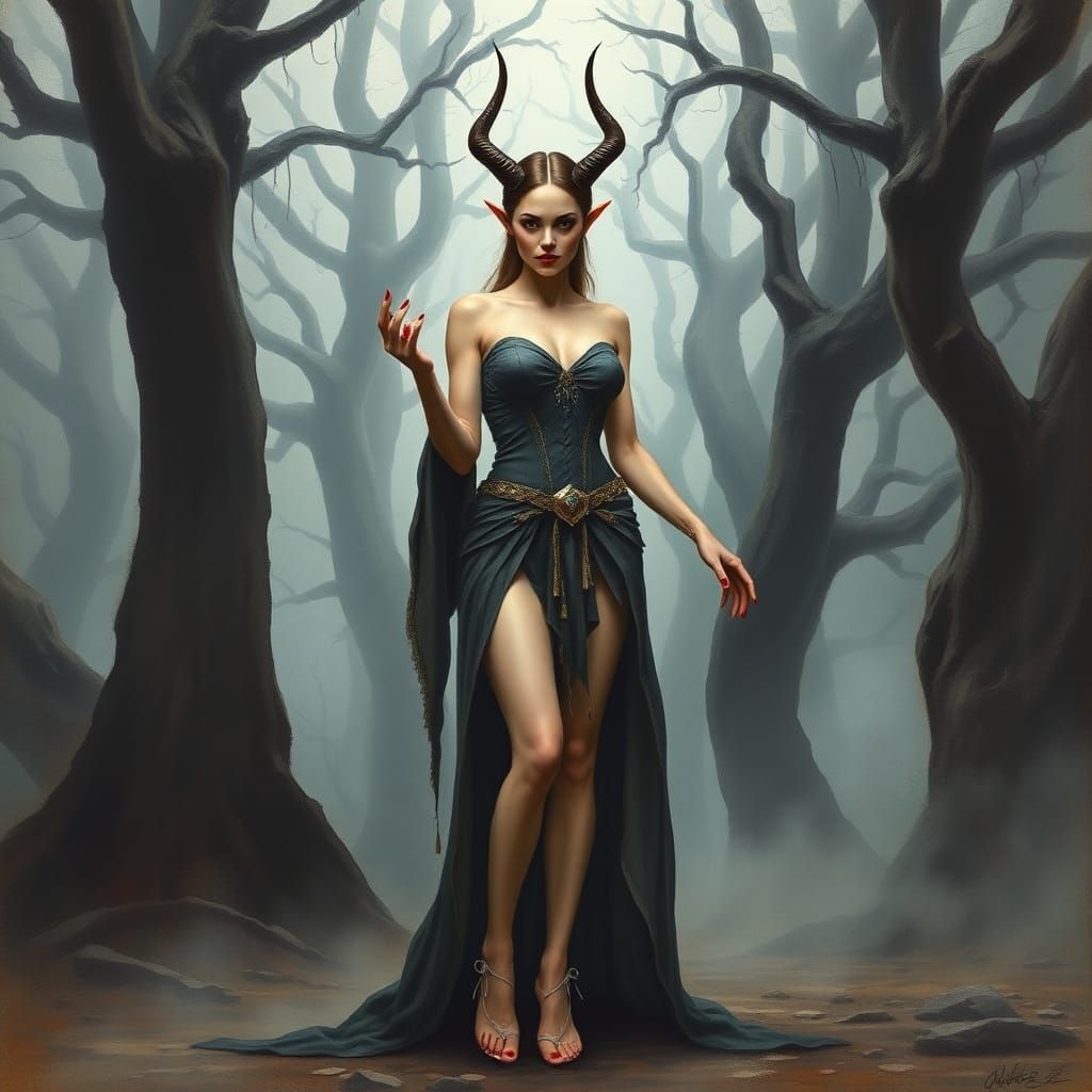 Ethereal Elf in Dark Forest Clearing as Gouache Art