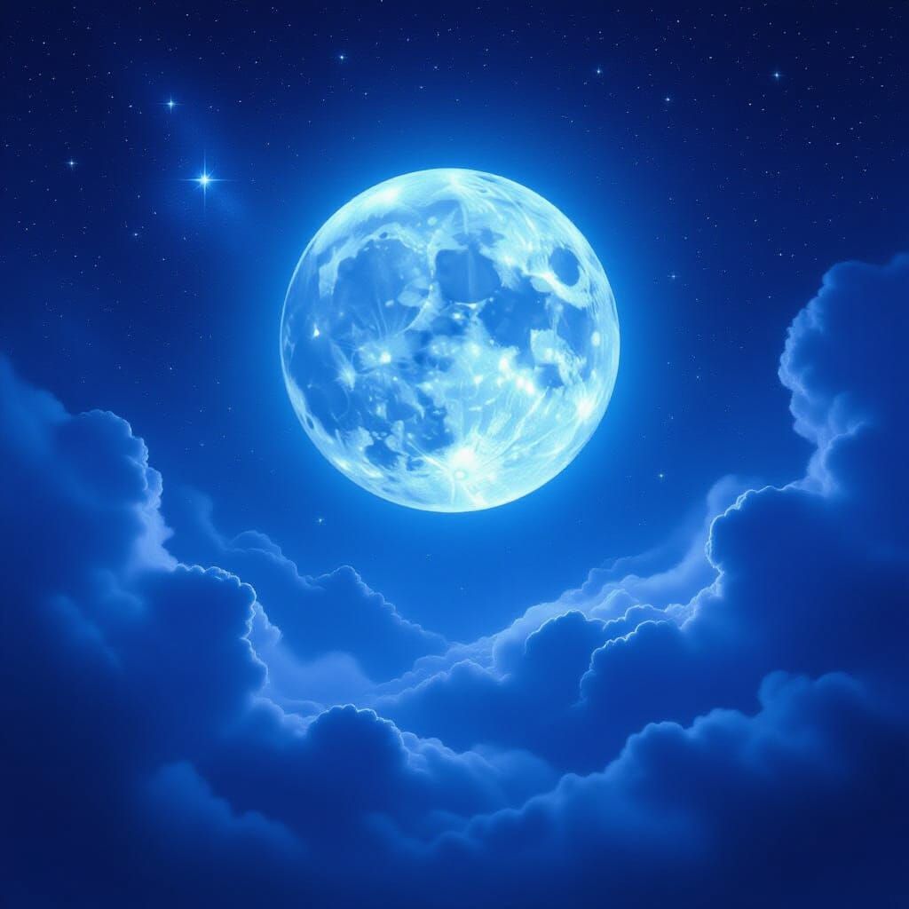 Ethereal Blue Moon in Star-Dusted Indigo Sky