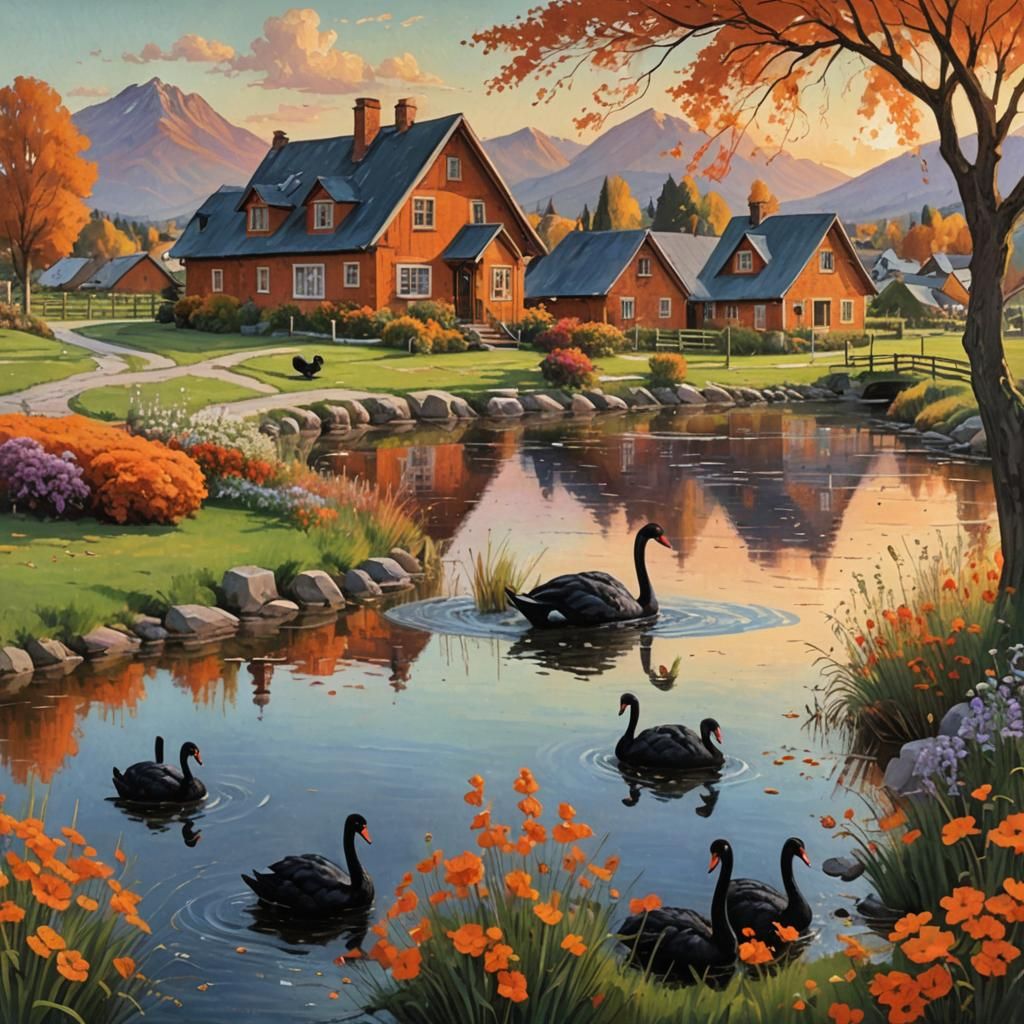 Black Swans in Autumn River Landscape: Oil Painting