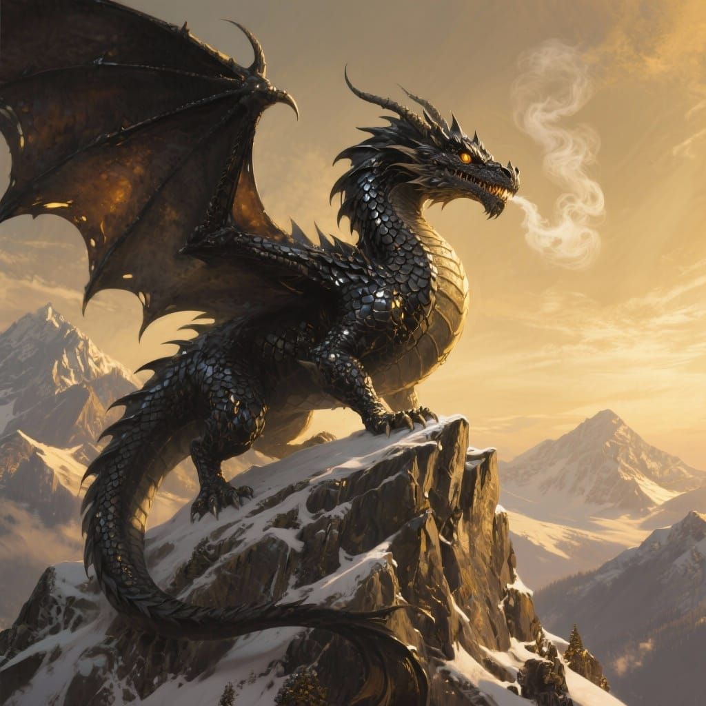 Majestic Obsidian Dragon on Swiss Alps Peak at Golden Hour