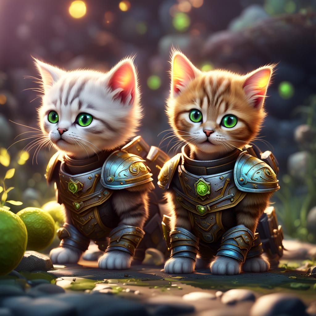 Kittens in Lime Green Armor: Detailed Matte Painting