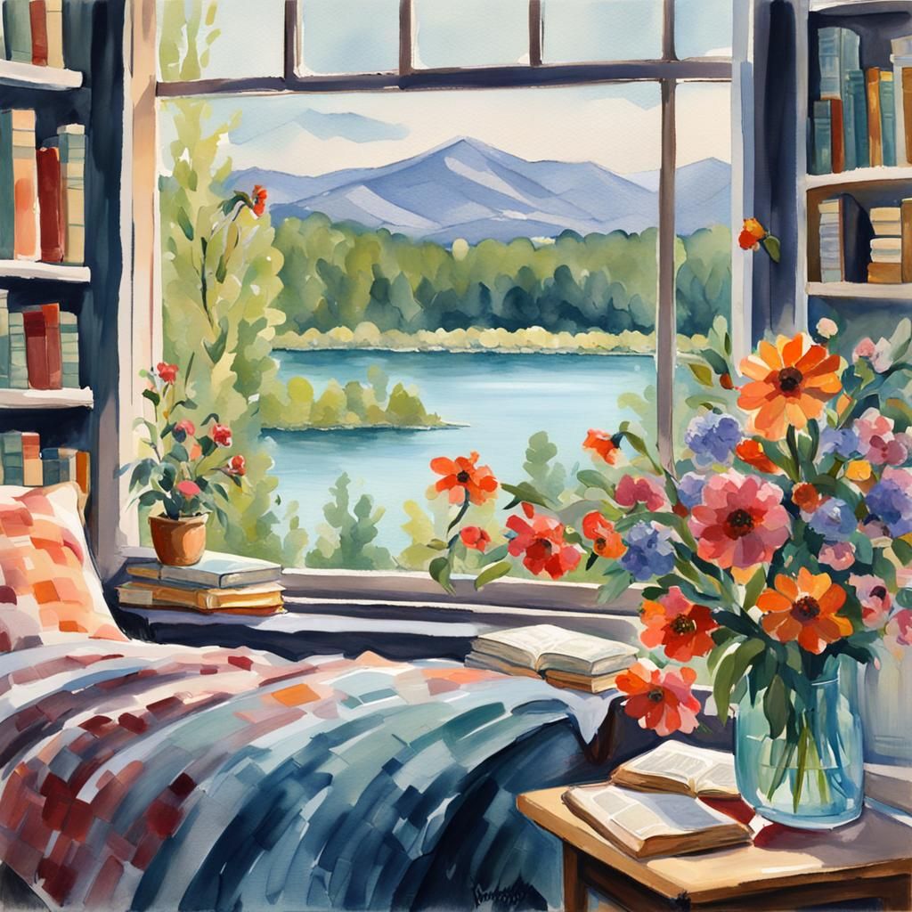 Hygge Bedroom with Lake View in Gouache Style