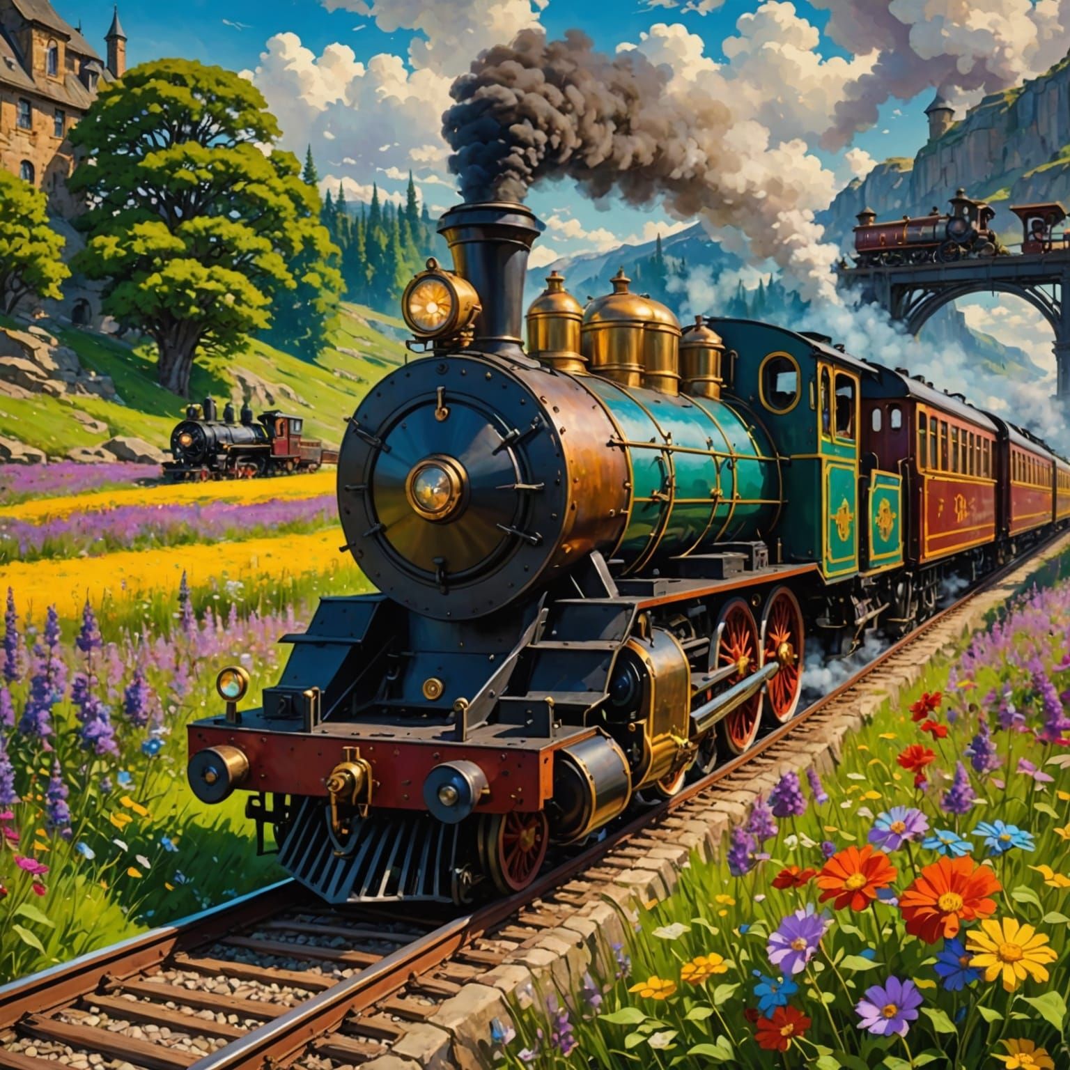 Steampunk Train Unfolds Through Vibrant Wildflower Meadows