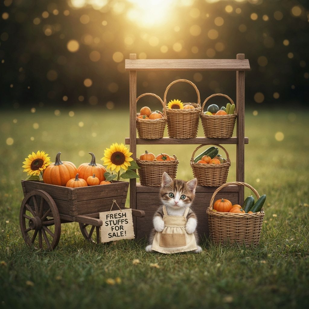 Whimsical Kitten Sells Fresh Produce in Sunlit Meadow