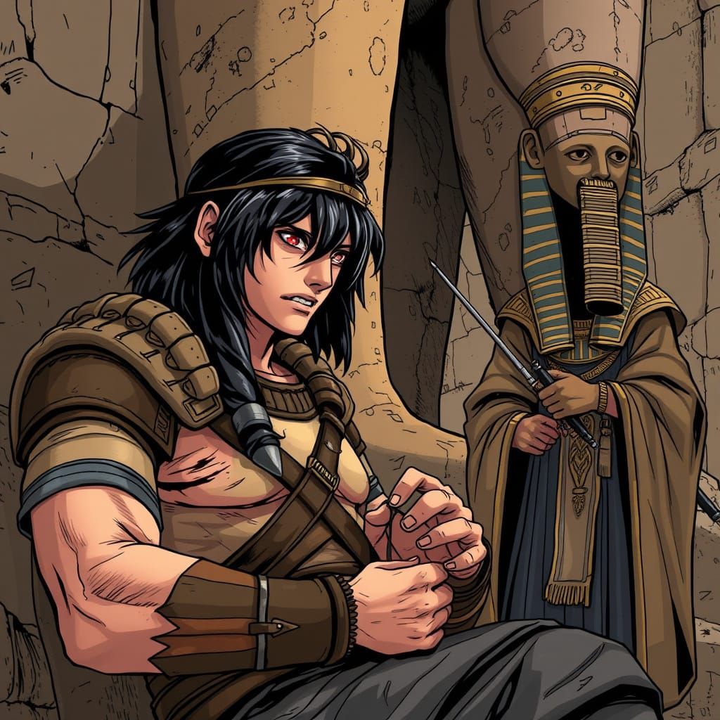 Weary Ancient Egyptian Soldier Collapses Against Set Statue