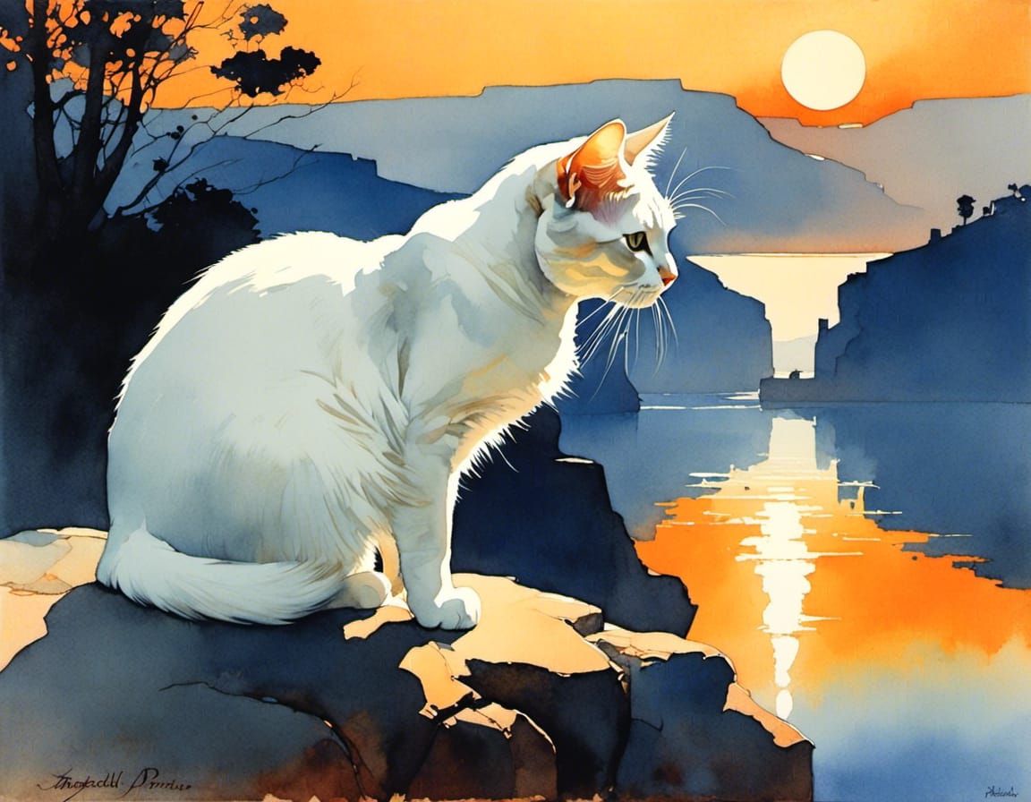 white cat at lake