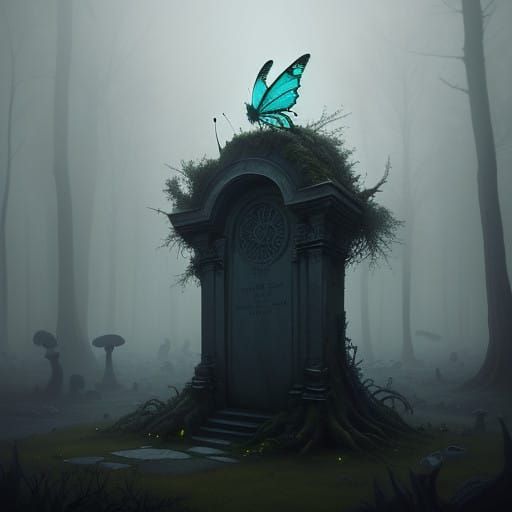 Ethereal Fairy Perched Upon Ancient Tombstone in Vibrant, Hi...