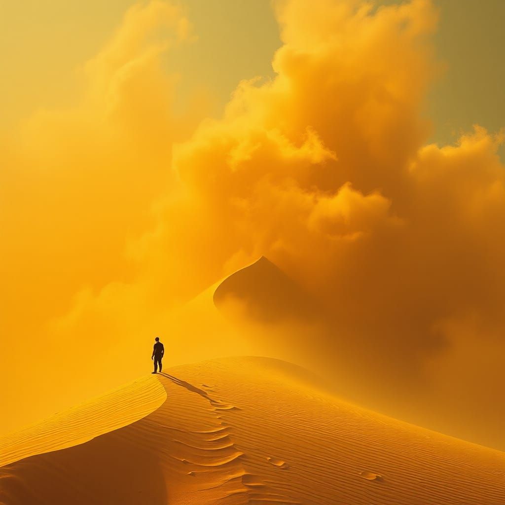 Surreal Desert Figure in Sci-Fi Landscape