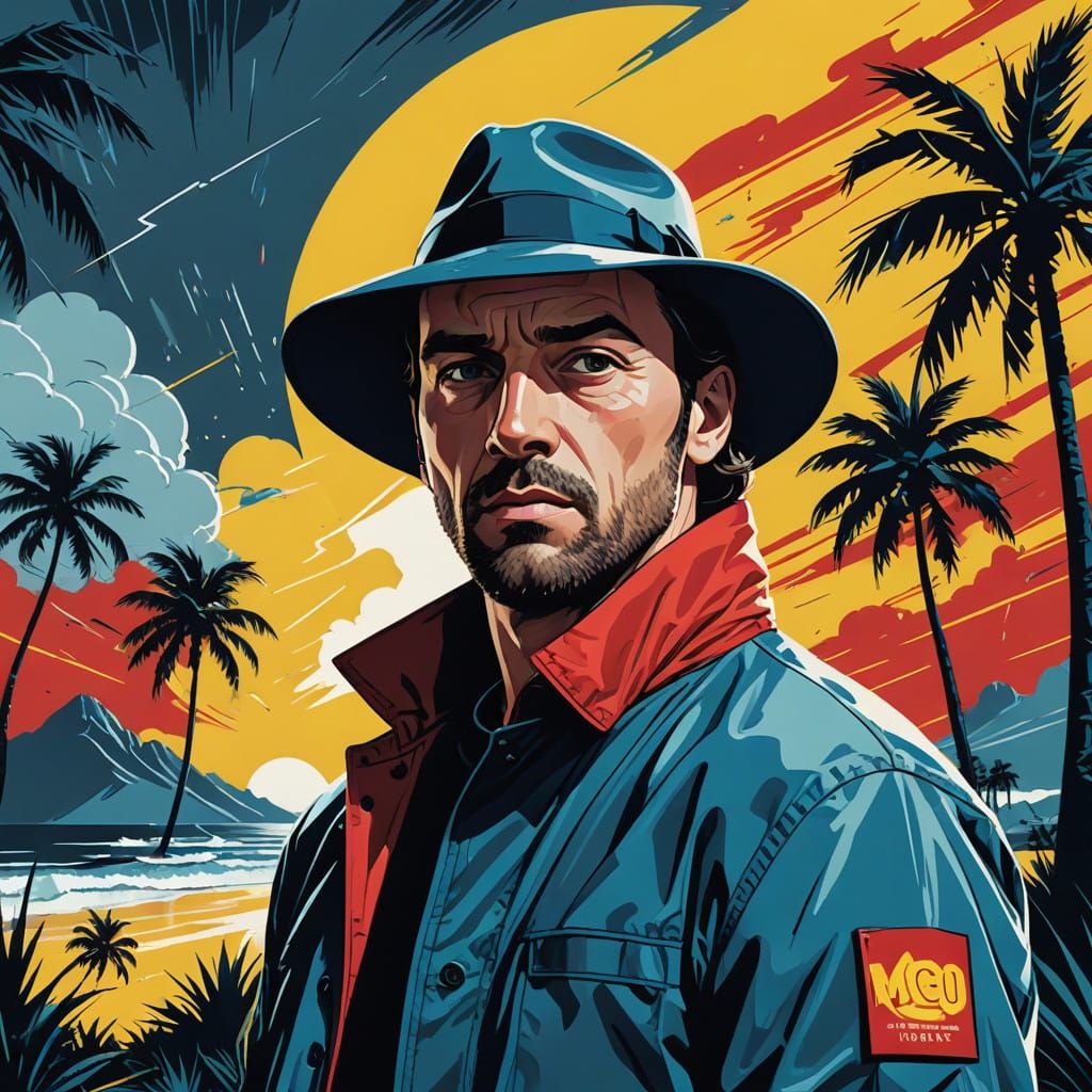 Heroic Man Battles Hurricane in Vibrant Pop Art Style