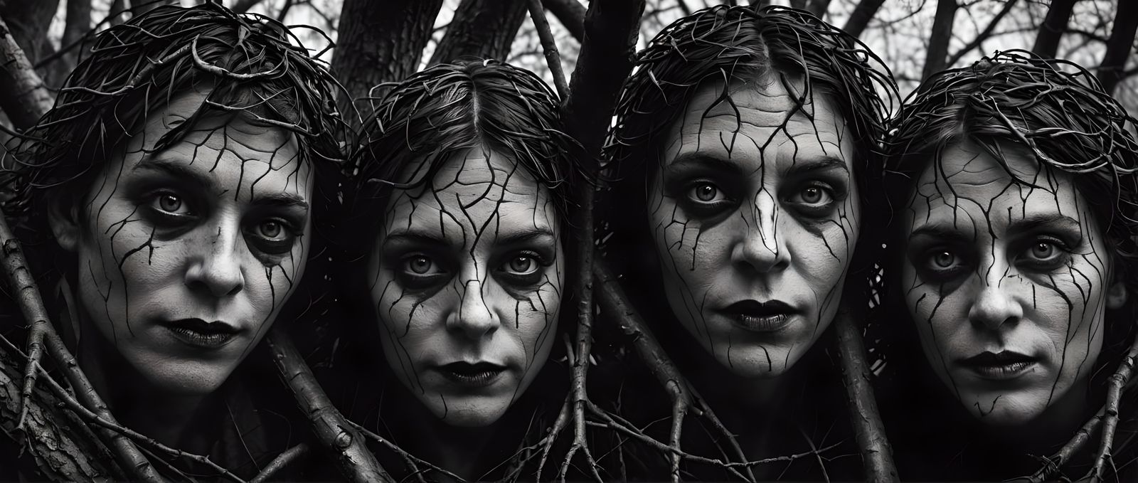 Creepy Tree with Shadow Faces in Photorealistic Style