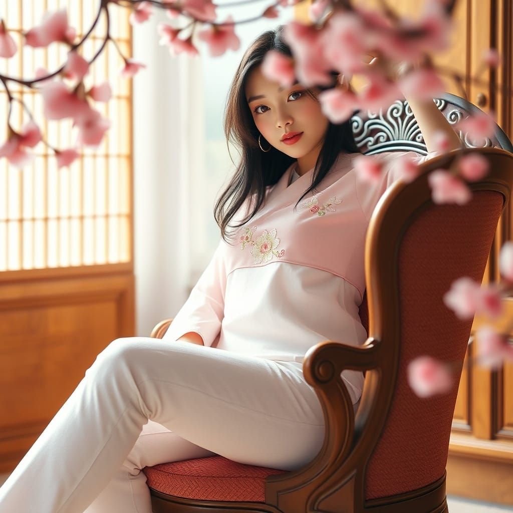 Geisha in Modern Attire with Cherry Blossoms