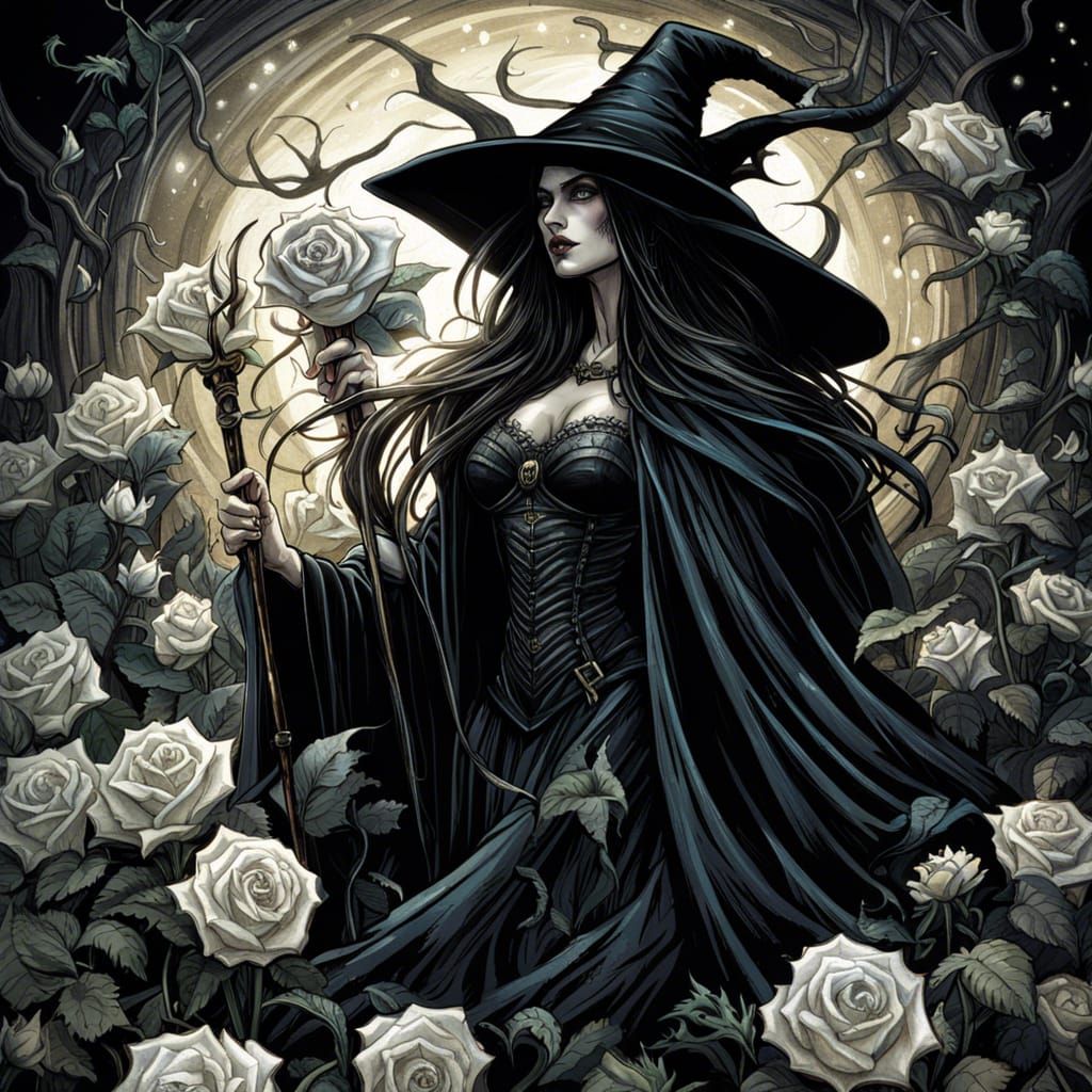 Grimdark Gothic Witch in a Bed of Roses