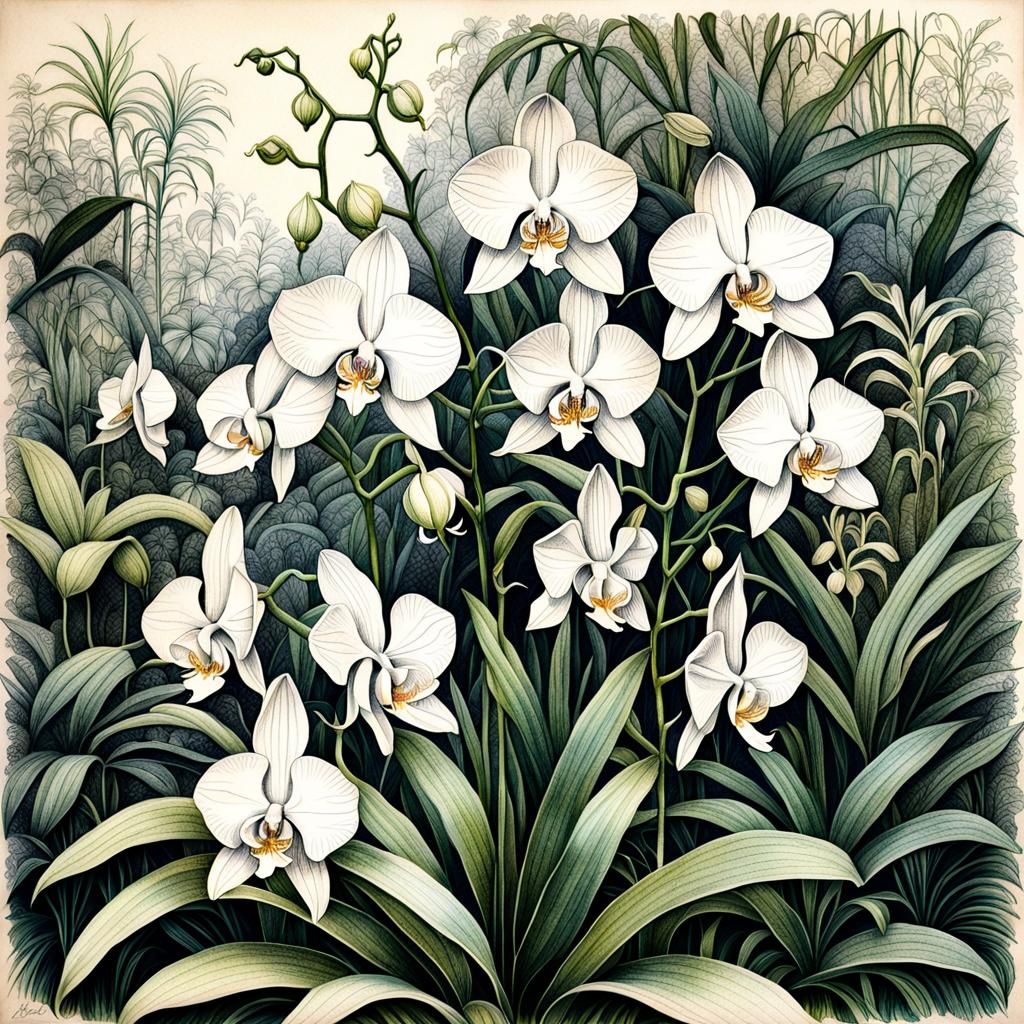 White Orchid: Detailed Ink Drawing with Botanical Notes