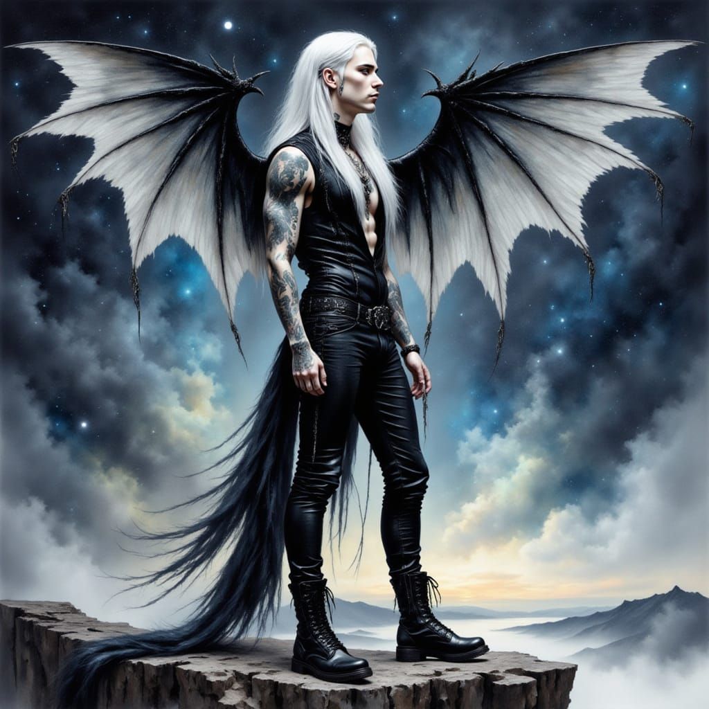 Goth Punk Metalhead with Bat Wings in Renaissance Oil Painti...