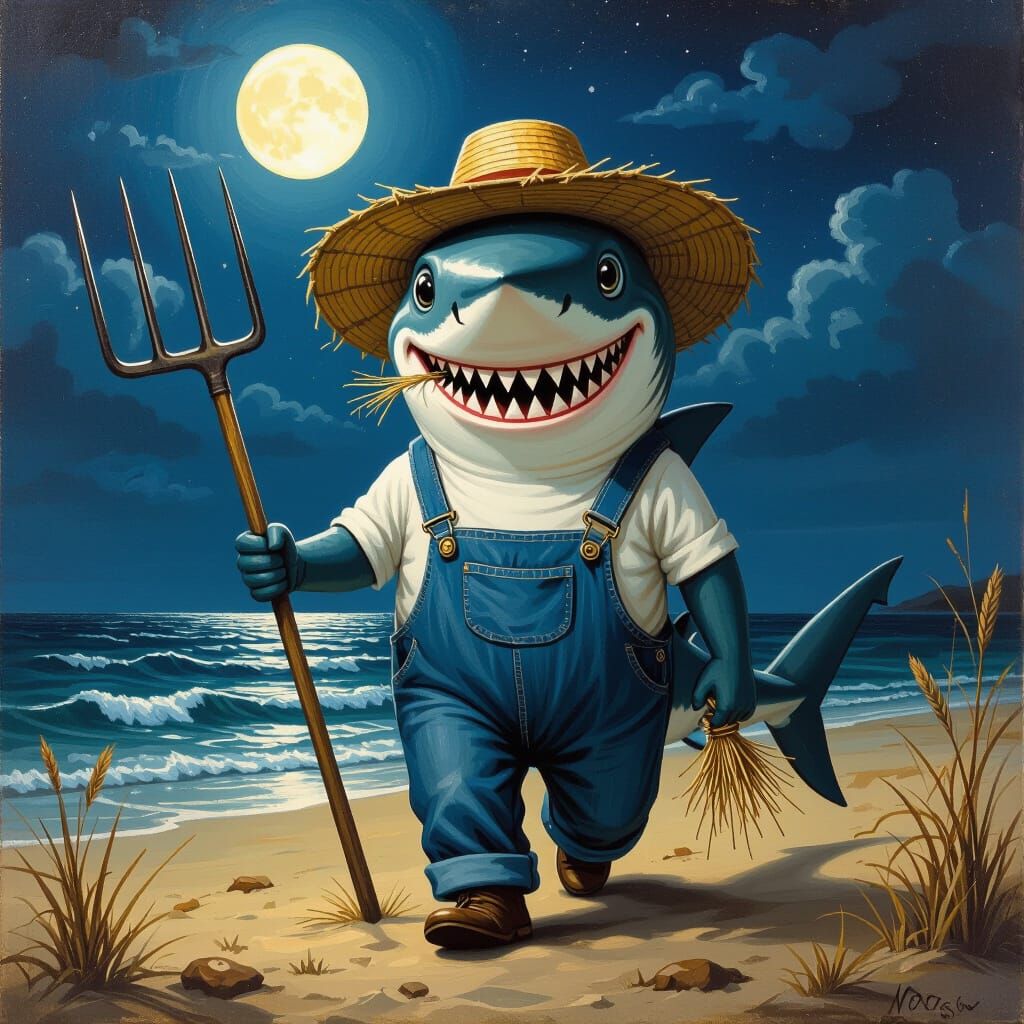 Hammerhead Shark Farmer Under Moonlight in Folk Art Style