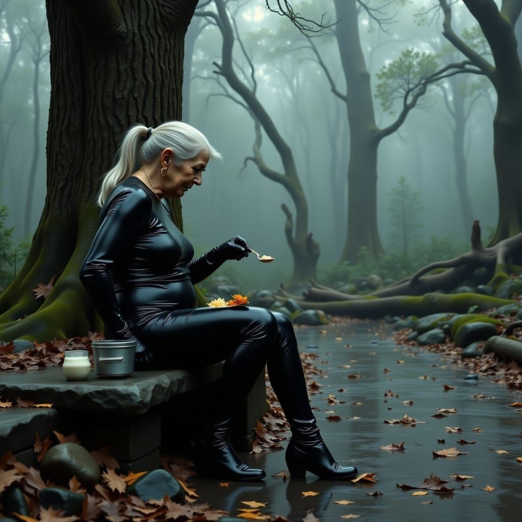 Thalia has lunch out in the forest.