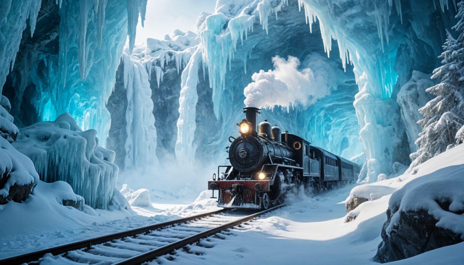 Steam Train in Glowing Ice Cave